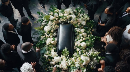 A black casket with white flowers is being carried by a group of people. The people are gathered around the casket, and some are holding hands. Scene is somber and respectfulの素材