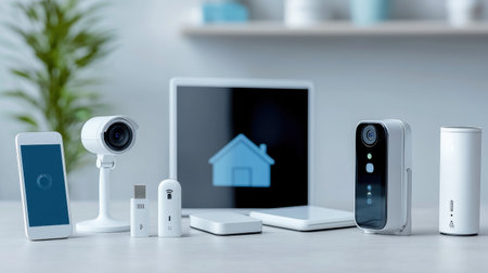 A table with a laptop, cell phone, and other electronic devices. The laptop is open to a page with a house on itの素材