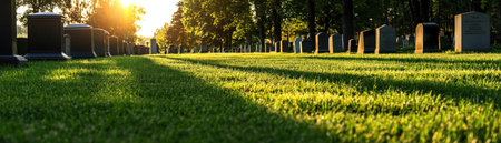 A cemetery with many gravestones and a large tree in the background. The grass is green and the sun is shining on itの素材