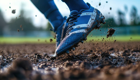 A person is running in the mud with their feet in the dirt. The shoes are muddy and the person is wearing blue socksの素材