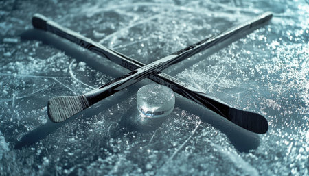 Hockey sticks and a hockey puck on a sheet of ice. The sticks are crossed over each other and the puck is in the middleの素材
