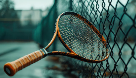 A tennis racket is sitting on a fence. The racket is wet and has a brown handle. The image has a moody and somewhat melancholic feel to itの素材