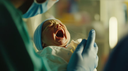 A baby is crying in a hospital room. A nurse is holding the baby and wearing gloves. The baby is wearing a blue hatの素材