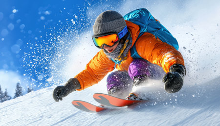 A man in orange and purple ski gear is skiing down a snowy slope. He is wearing goggles and a helmet for safetyの素材