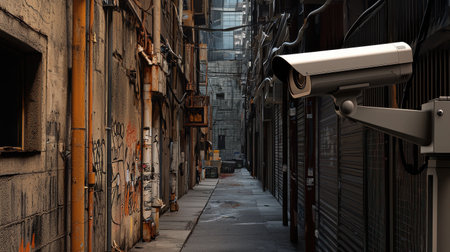 A street with a camera on the side. The street is dirty and has graffiti on the wallsの素材