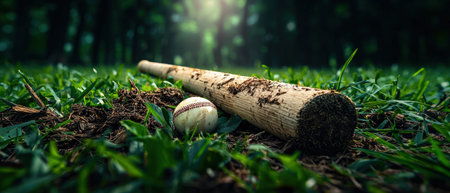 A baseball bat and ball are laying on the ground in a grassy field. The bat is dirty and the ball is white. The scene is peaceful and serene, with the grassの素材