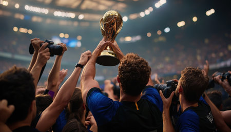 A man is holding a trophy in a stadium full of people. The atmosphere is celebratory and energeticの素材