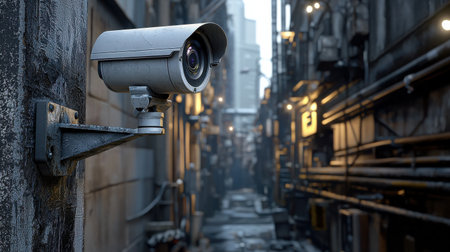 A camera is mounted on a pole in a city street. The street is dark and empty, with no people or vehicles visible. The camera is pointed towards the sky, capturing the night sky above the cityの素材
