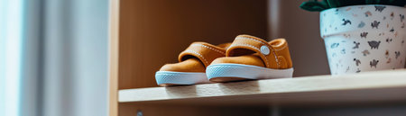 A pair of baby shoes are on a shelf next to a potted plant. The shoes are brown and white, and they are placed on a wooden shelf. The potted plant is located on the right side of the shelfの素材