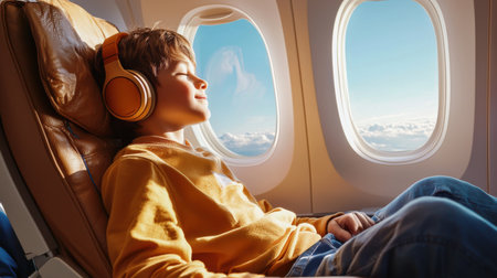 A young boy is sitting in an airplane seat with headphones on, looking out the window. Concept of relaxation and leisure, as the boy is enjoying his time on the planeの素材