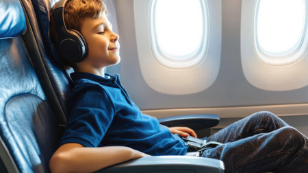 A young boy is sitting in an airplane seat with headphones on, looking relaxed and content. Concept of calm and peacefulness, as the boy enjoys his time on the planeの素材