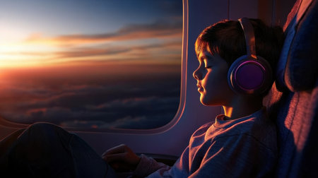 A young boy is sitting in an airplane seat with headphones on. The sky outside the window is orange and the sun is setting. The boy appears to be listening to music or watching a movieの素材