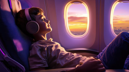 A young boy is relaxing in an airplane seat with headphones on. The scene is peaceful and calming, with the boy's face showing a sense of tranquilityの素材