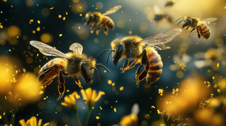 Three bees flying in the air, one of them is in the middle of the other two. The image has a bright and lively mood, with the bees flying around the flowersの素材