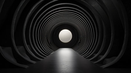 A long tunnel with a white circle in the middle. The tunnel is dark and the circle is the only light sourceの素材