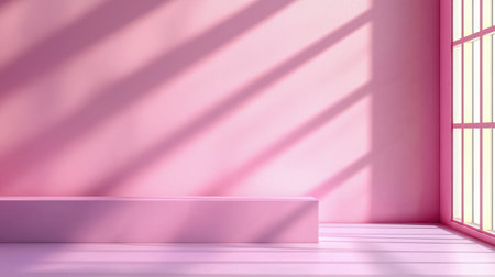 A pink room with a bench and a window. The room is empty and the bench is against the wallの素材