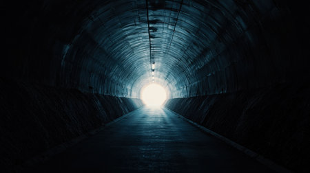 A tunnel with a light shining through it. The tunnel is dark and empty. The light is the only source of illumination in the tunnelの素材