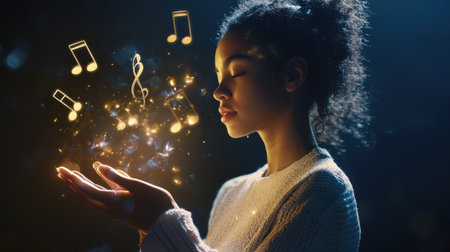 A woman is holding a hand up to a glowing light that has musical notes on it. Concept of wonder and curiosity, as if the woman is reaching out to touch the musicの素材