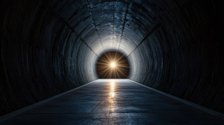 A tunnel with a light shining through it. The tunnel is dark and the light is the only source of illuminationの素材