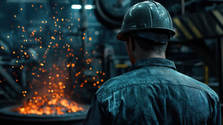 A man in a blue shirt and a hard hat stands in front of a pile of sparks. Concept of danger and caution, as the man is wearing a hard hat to protect himself from the sparksの素材