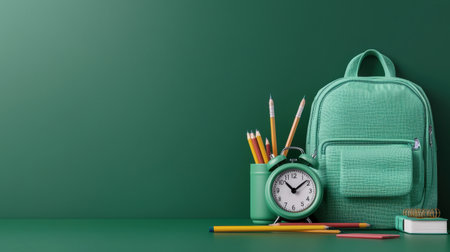A green backpack with a clock and pencils on it. The clock is set to the time of 10:00の素材