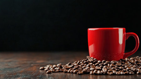 A red coffee mug sits on a table with a pile of coffee beans. Concept of warmth and comfort, as the mug and coffee beans are often associated with relaxation and enjoymentの素材