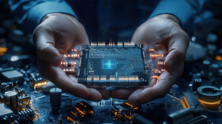 A person is holding a small electronic device in their hand. The device is surrounded by a lot of wires and circuitry, giving the impression of a complex and intricate piece of technologyの素材