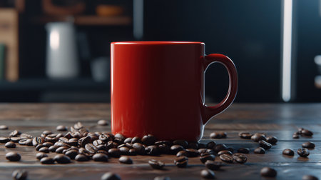 A red coffee mug with coffee beans on the table. The coffee beans are scattered around the mug, creating a cozy and inviting atmosphereの素材