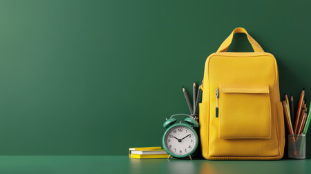 A yellow backpack sits on a green surface with a clock and a few books. The backpack is the main focus of the image, but the clock and books add to the overall sceneの素材