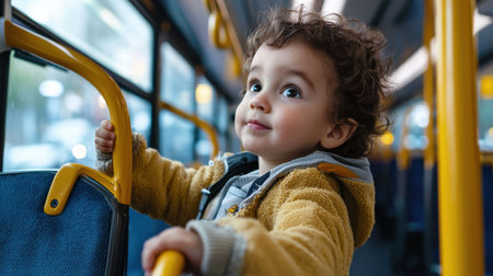 A young child is sitting on a bus, looking out the window. The child is wearing a yellow jacket and he is enjoying the rideの素材