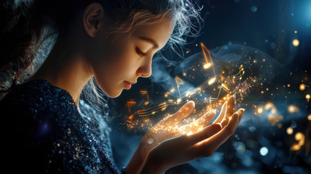 A girl is holding her hands up in the air, surrounded by a glowing, musical aura. Concept of wonder and magic, as if the girl is holding onto a dream or a piece of music that is beyond her controlの素材