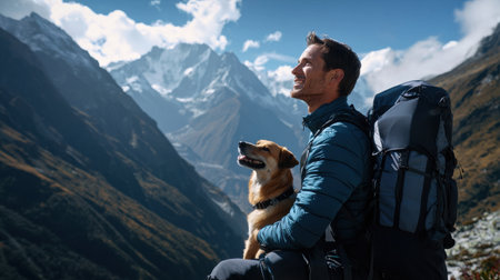 A man is sitting on a mountain with his dog. He is wearing a backpack and smiling. Concept of adventure and happinessの素材