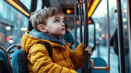 A young boy is sitting on a bus, looking out the window. He is wearing a yellow jacket and a scarfの素材