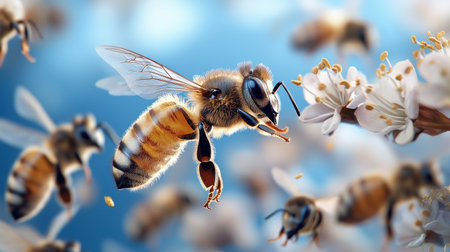 A group of bees are flying around a flower. The bees are in different positions and some are closer to the camera than others. Concept of movement and activityの素材