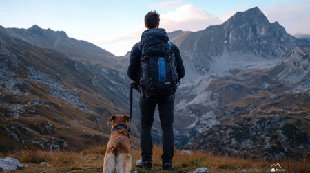 A man and his dog are standing on a mountain top. The man is wearing a backpack and the dog is wearing a leash. The scene is peaceful and serene, with the mountains in the backgroundの素材
