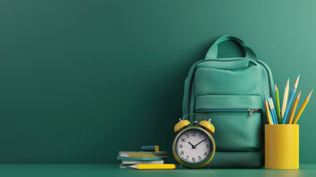 A green backpack with a yellow clock on it sits on a table. The backpack is filled with school supplies, including a yellow pencil case and a stack of books. The clock on the backpack reads 9:30の素材