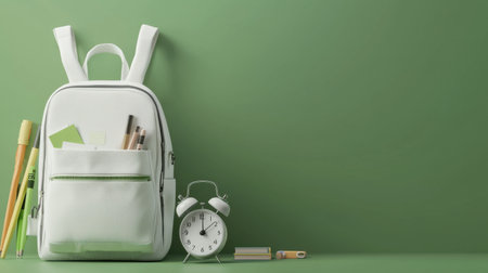 A white backpack with a clock on it sits on a green background. The backpack is filled with school supplies, including pens, pencils, and a book. The clock on the backpack shows the time as 10:30の素材