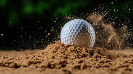 A golf ball is in the air, surrounded by sand. Concept of motion and excitement, as the ball is in the process of being hit by a golf club. The sandy ground adds a naturalの素材