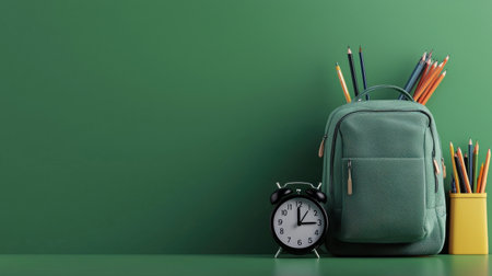 A green backpack with a clock on it sits on a green wall. The clock is set to the time of 10:30. The backpack is filled with pencils and pensの素材