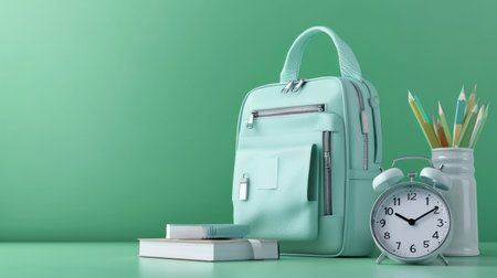 A green backpack sits on a table next to a white clock and a jar of pencils. The backpack is open and has a zipper pocket. The clock is set to the time of 10:00の素材