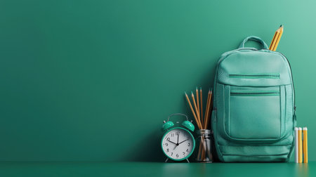 A green backpack sits on a green wall with a clock and a jar of pencils. The backpack is the main focus of the image, but the other objects add to the overall atmosphere of the sceneの素材