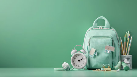 A green backpack with a white clock on it sits on a green background. The backpack is filled with school supplies, including a pencil case, a pair of scissors, and a few other itemsの素材