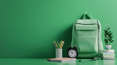 A green backpack sits on a table next to a clock and a vase. The backpack is filled with books and a pencil case. The clock is set to the time of 10:30. Concept of organization and productivityの素材