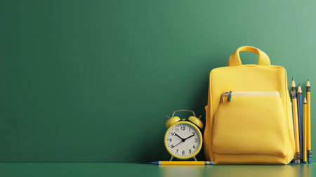 A yellow backpack sits on a green background with a clock and a pencil case. Concept of organization and preparedness for schoolの素材