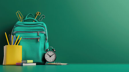 A green backpack with a yellow pencil case and a clock on the side. The backpack is filled with school supplies and the clock is set to the time of 10:00の素材
