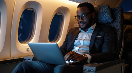 A man in a suit is working on a laptop in an airplane seat. He is wearing glasses and he is focused on his work. Concept of productivity and determinationの素材