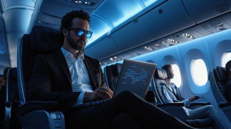 A man is sitting in an airplane with a laptop open in front of him. He is wearing sunglasses and a suit. Scene is relaxed and professionalの素材