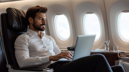 A man is sitting in an airplane seat with a laptop open in front of him. He is working or browsing the internet. Concept of productivity and relaxationの素材