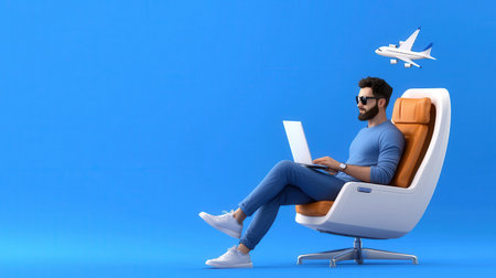 A man is sitting in a chair with a laptop on his lap. He is wearing sunglasses and he is working on his laptop. The chair is orange and the background is blue. Concept of relaxation and leisureの素材