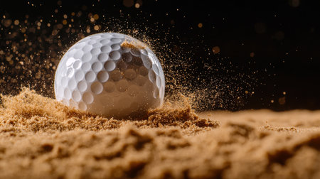 A white golf ball is rolling in the sand. Concept of motion and energy, as the ball is in the process of being hit by a golf club. The sandy surface adds a natural and relaxed atmosphere to the sceneの素材